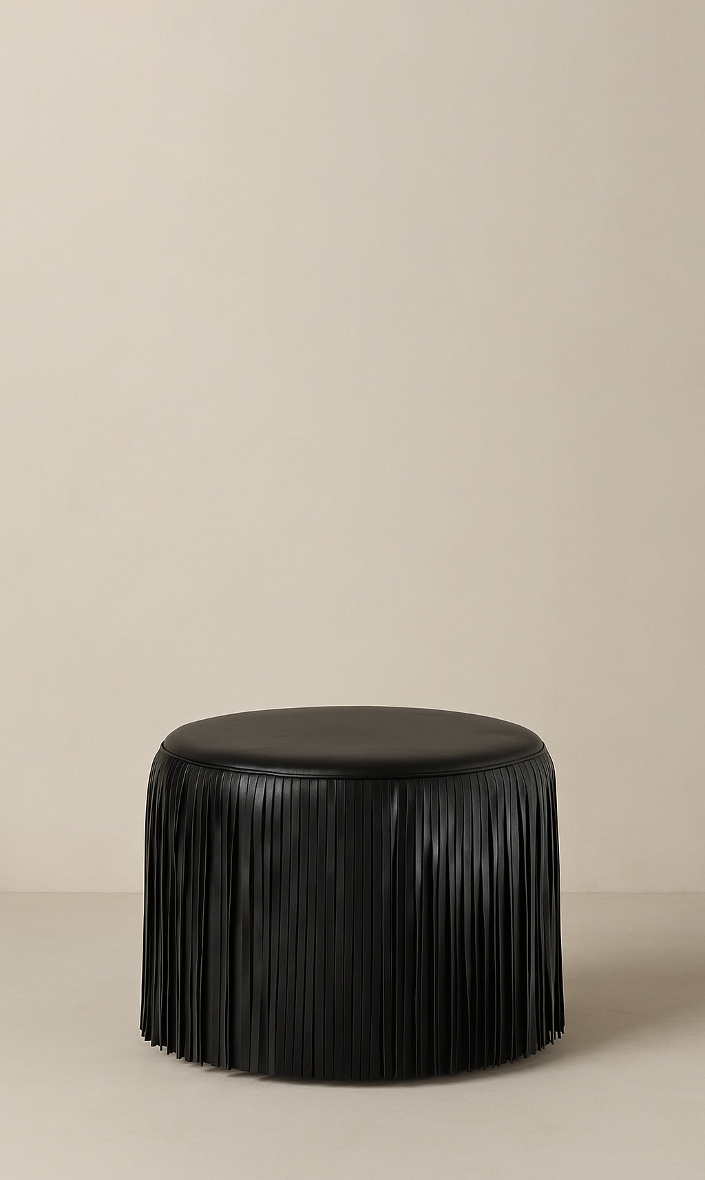 Kora Fringe Leather Ottoman - Black