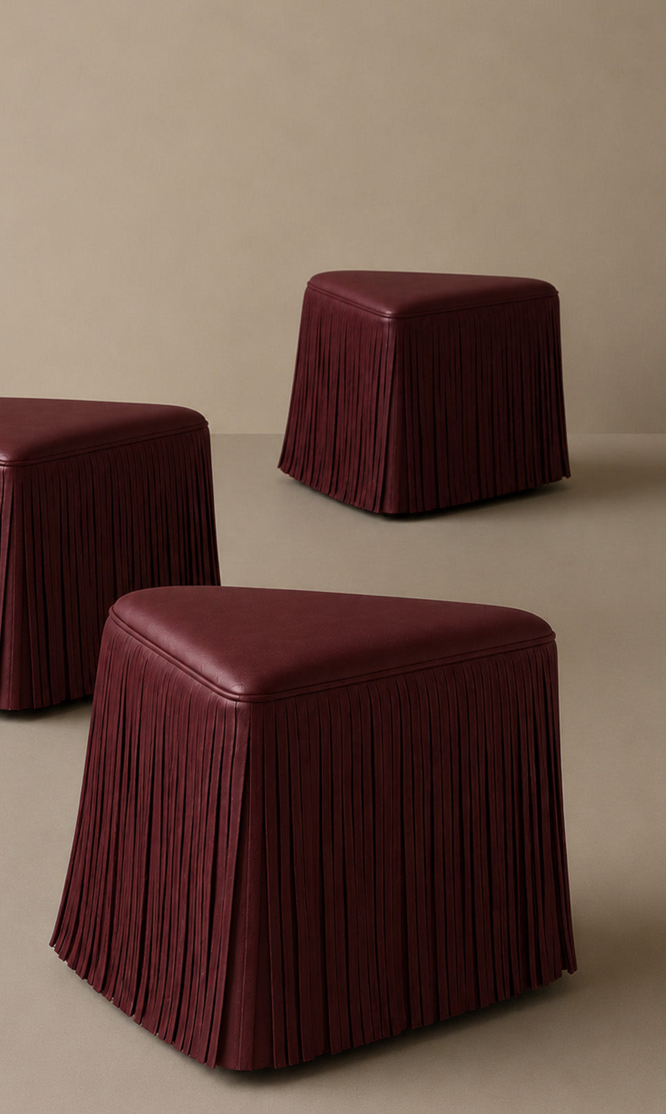 Aiza Fringe Leather Ottoman - Bordeaux