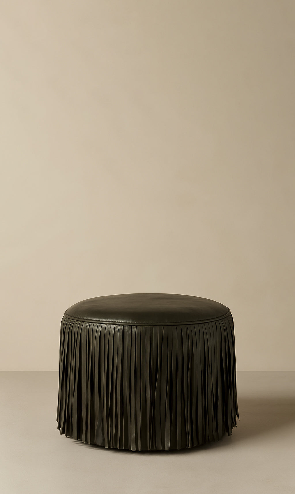 Kora Fringe Leather Ottoman - Black
