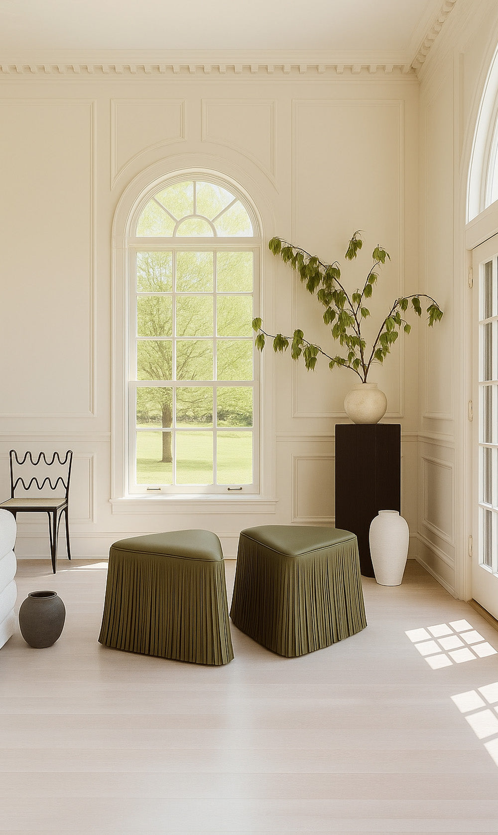 Aiza Fringe Leather Ottoman - Olive