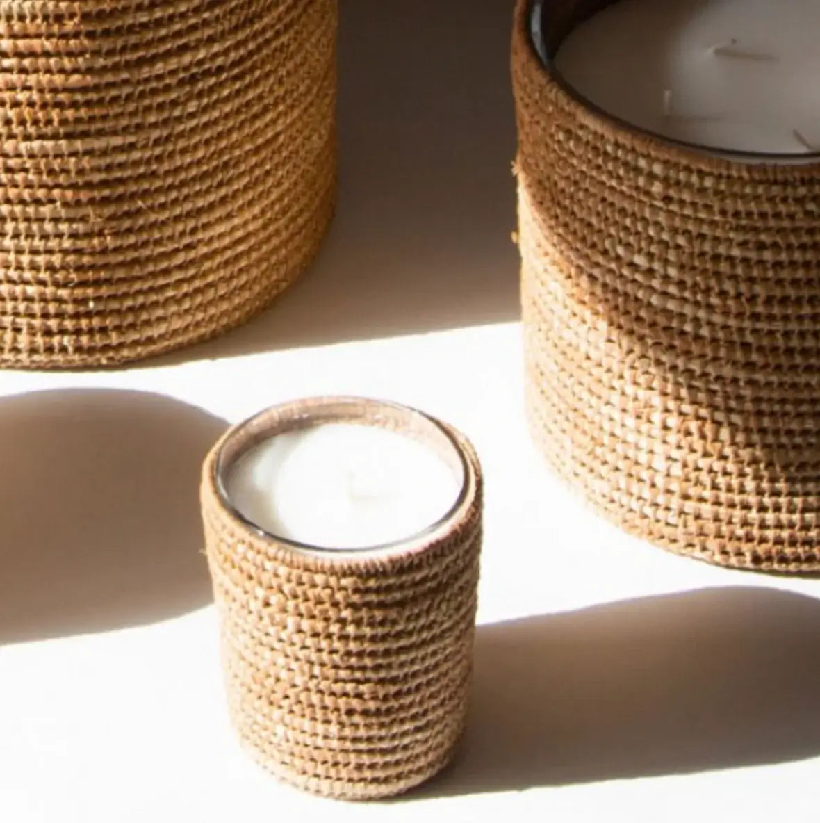 Dounia home Candle in made of Raffia, Close Up View