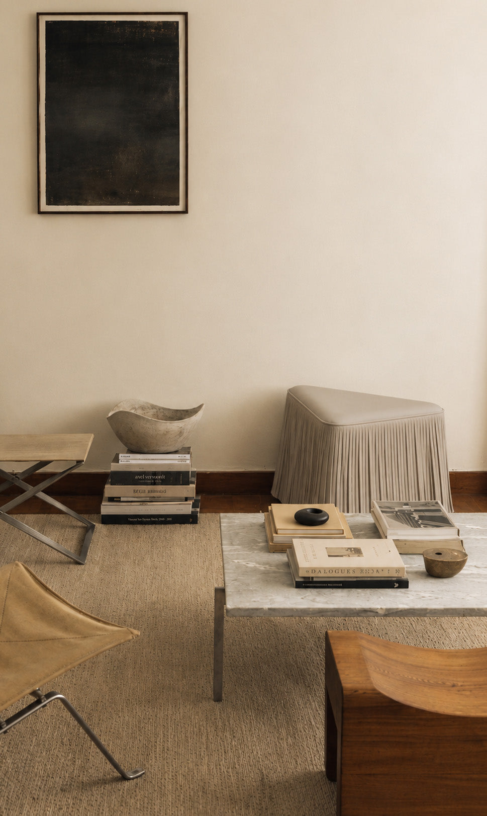 Aiza Fringe Leather Ottoman - Stone