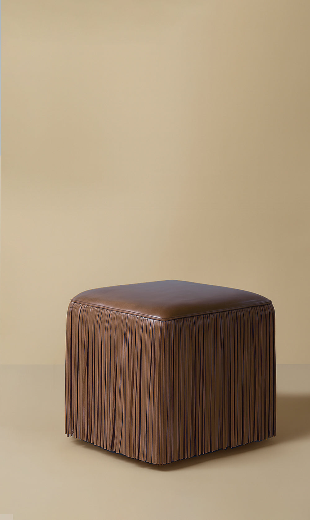 Ina Fringe Leather Ottoman - Camel
