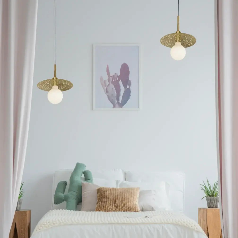 Dounia home Pendant light in polished  brass made of Metal,  used as a bedroom lighting, Model: Riad disc LED Suspension
