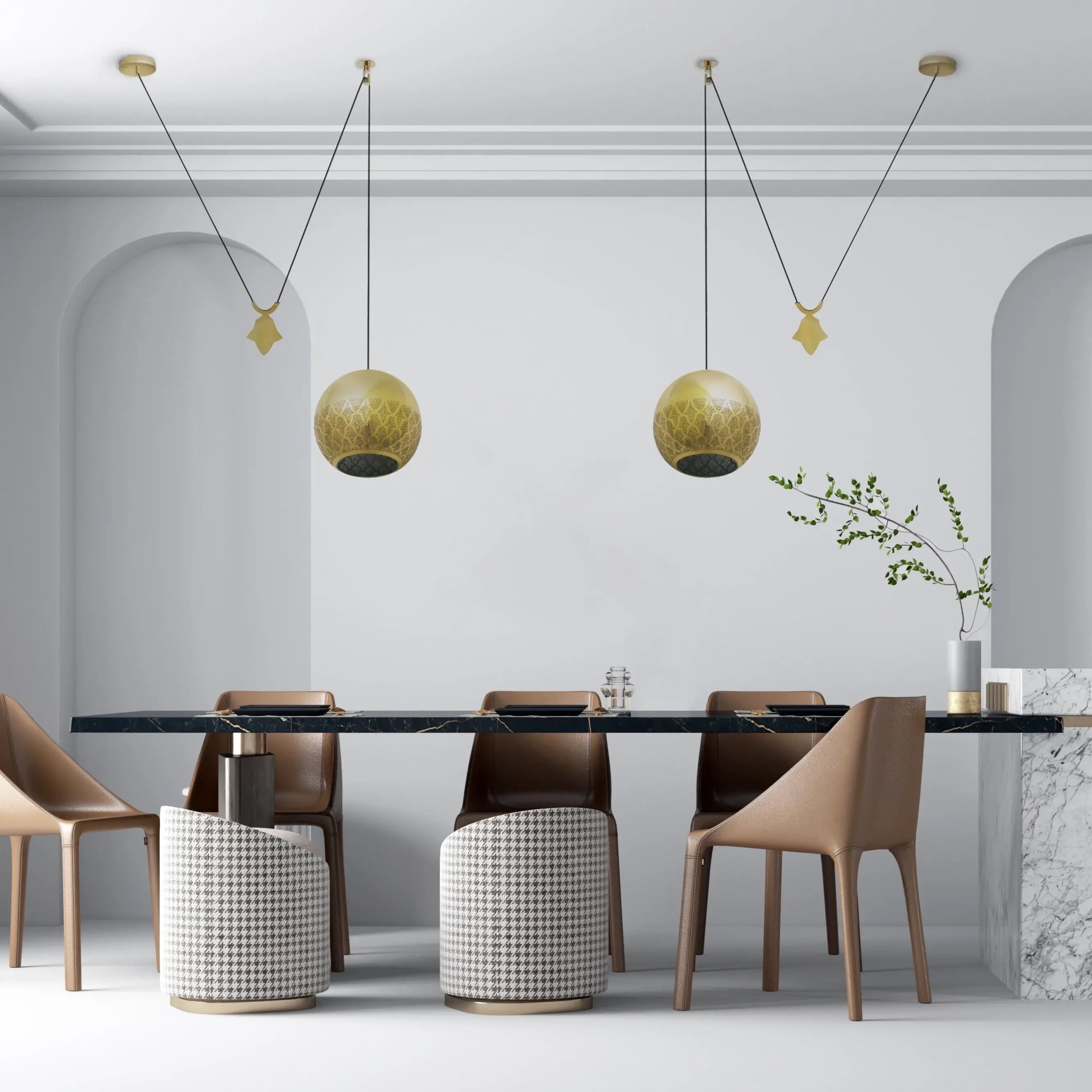 Dounia home Pendant light in Polished brass  made of Metal, used as a dining room lighting, Model: Nur reversed counterbalance