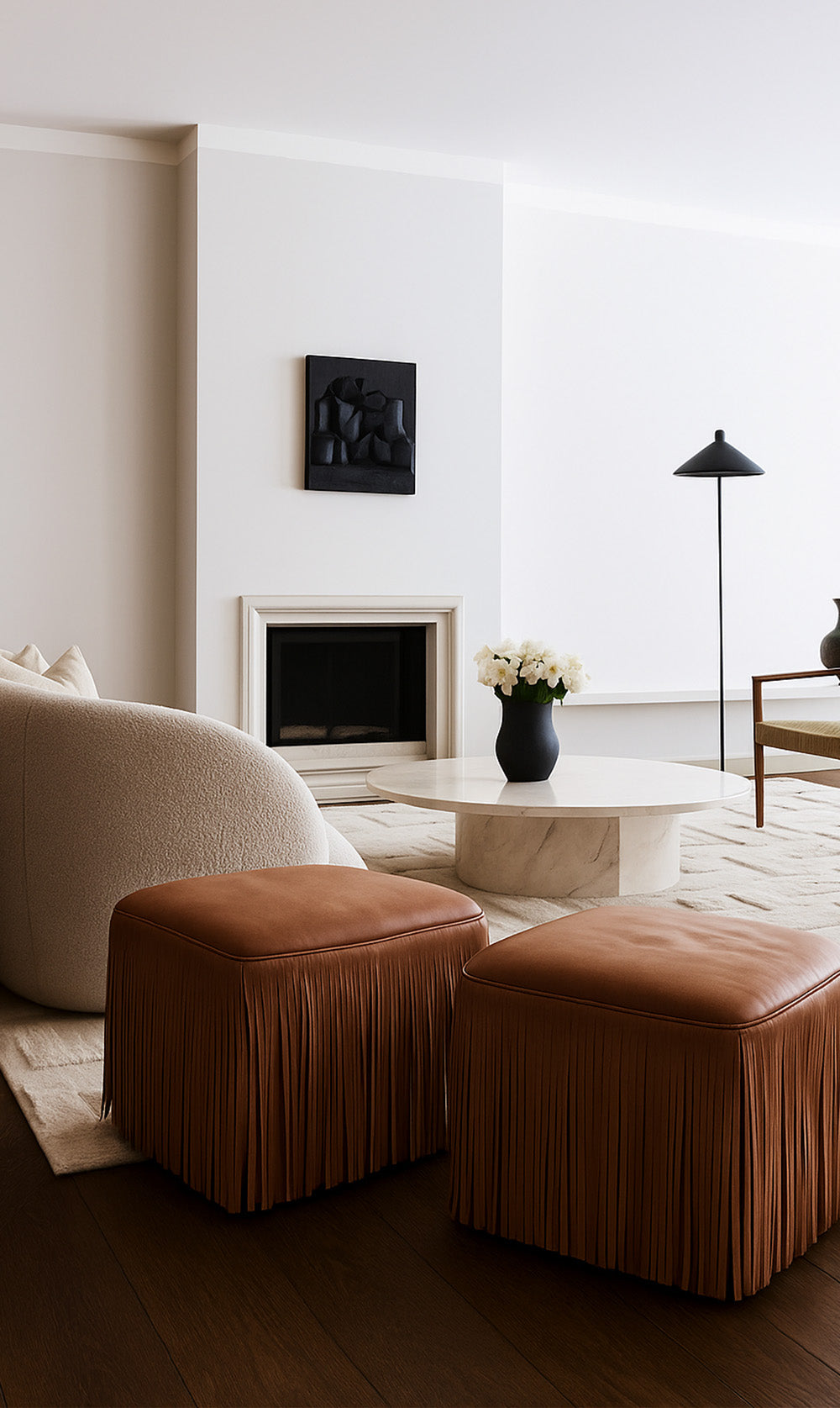 Ina Fringe Leather Ottoman - Brown