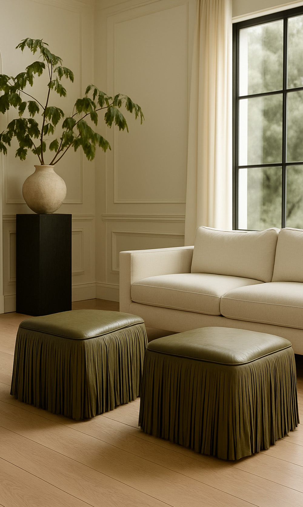 Ina Fringe Leather Ottoman - Olive