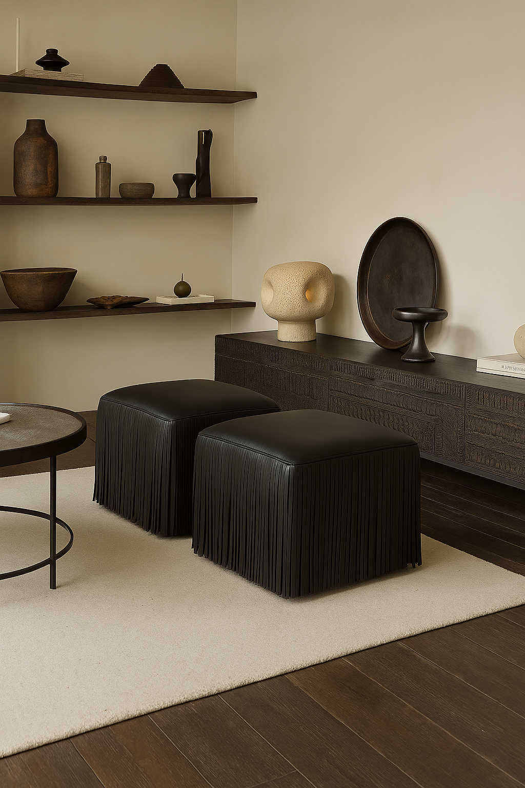 Ina Fringe Leather Ottoman - Black