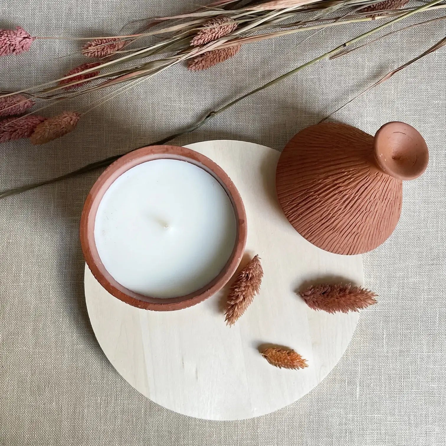 Dounia home Candle in terracotta made of clay, Model: marrakech, Top Shot View
