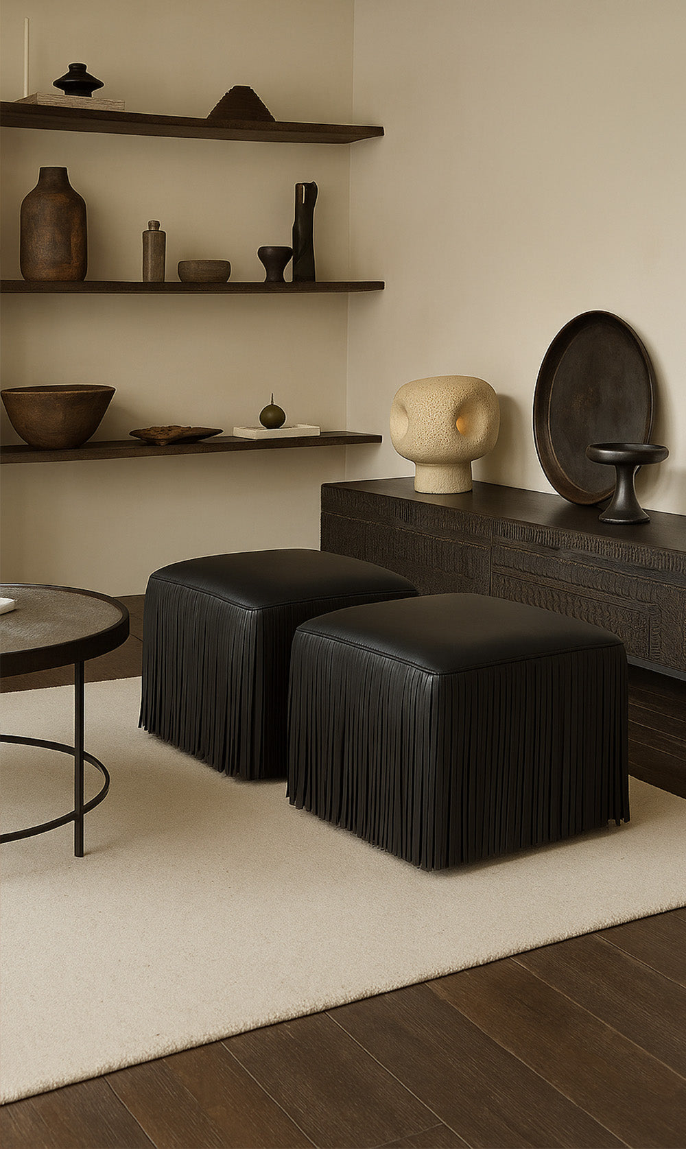 Ina Fringe Leather Ottoman - Black