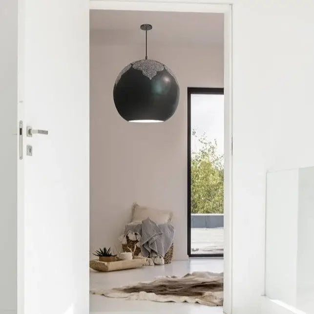 Dounia Home Najma Pendant Light With Porcelain Bulb  |  Matte Gun Metal | Shade Size: 20" 