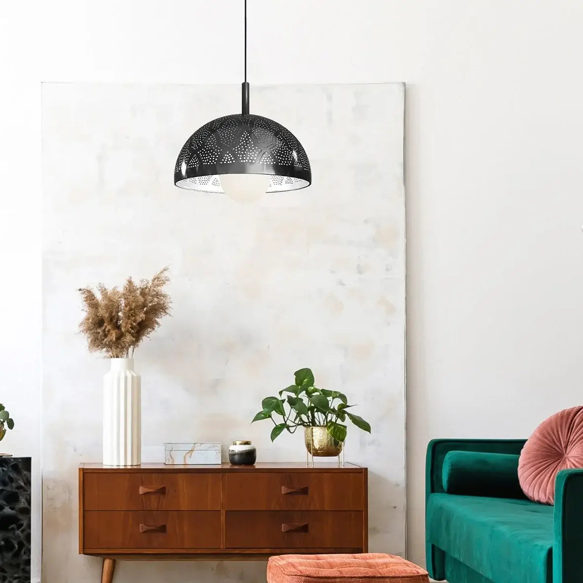 Dounia home Pendant light in black   made of Metal, used as a living room lighting,  Model: Zana Dome