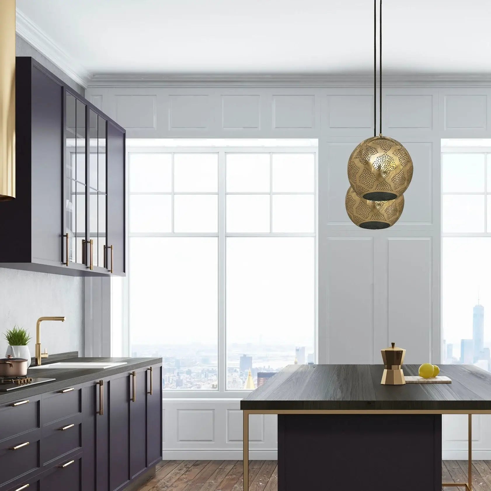 Dounia home Pendant light in Polished brass made of Metal, used as a kitchen lighting,  Model: Warda
