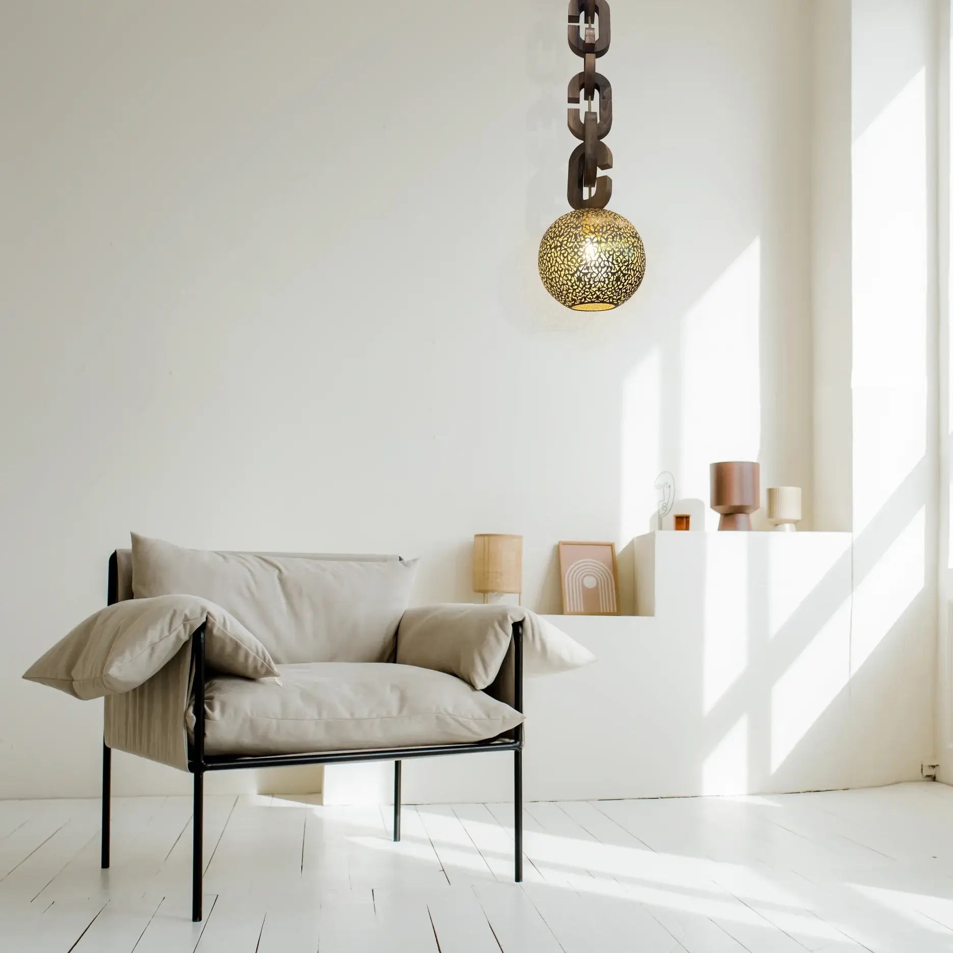 Dounia home Pendant light in polished brass made of Metal,  used as a living room lighting, Model: Riad chain
