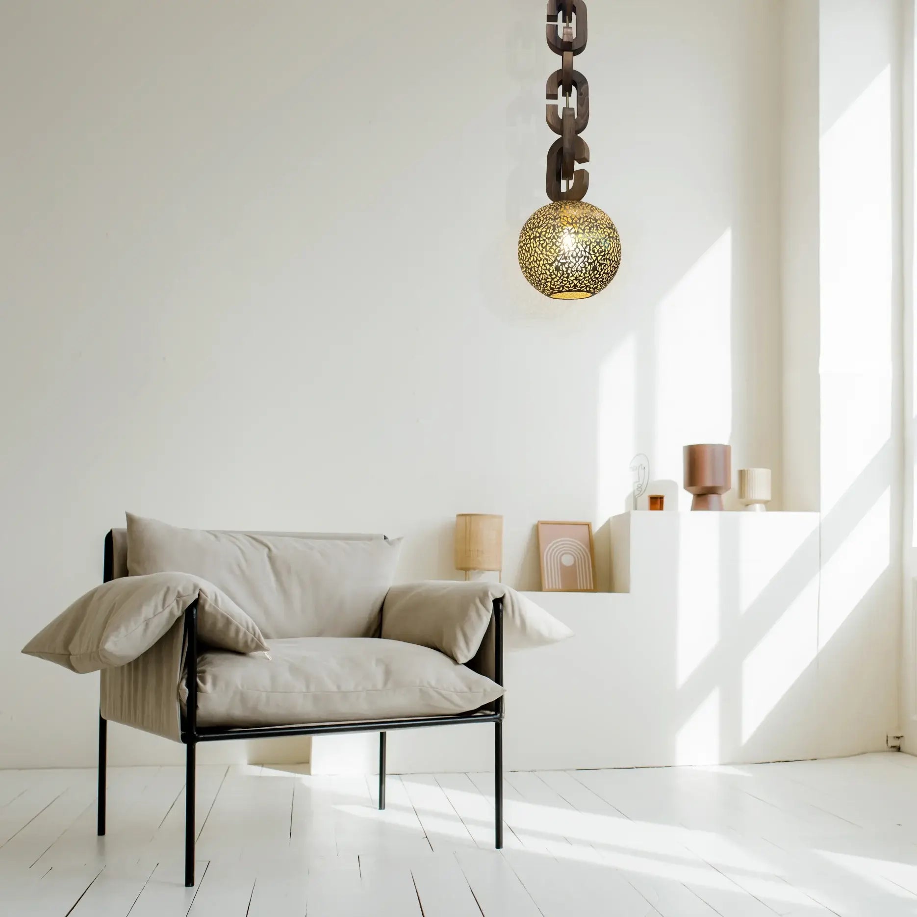 Dounia Home Riad Chain Pendant | Antique Brass  | 10" Globe