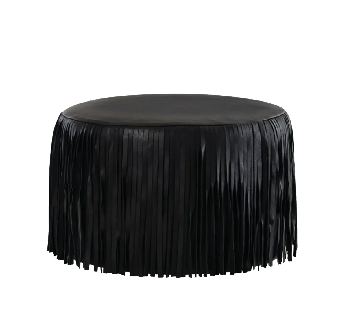 Kora Fringe Leather Ottoman - Black