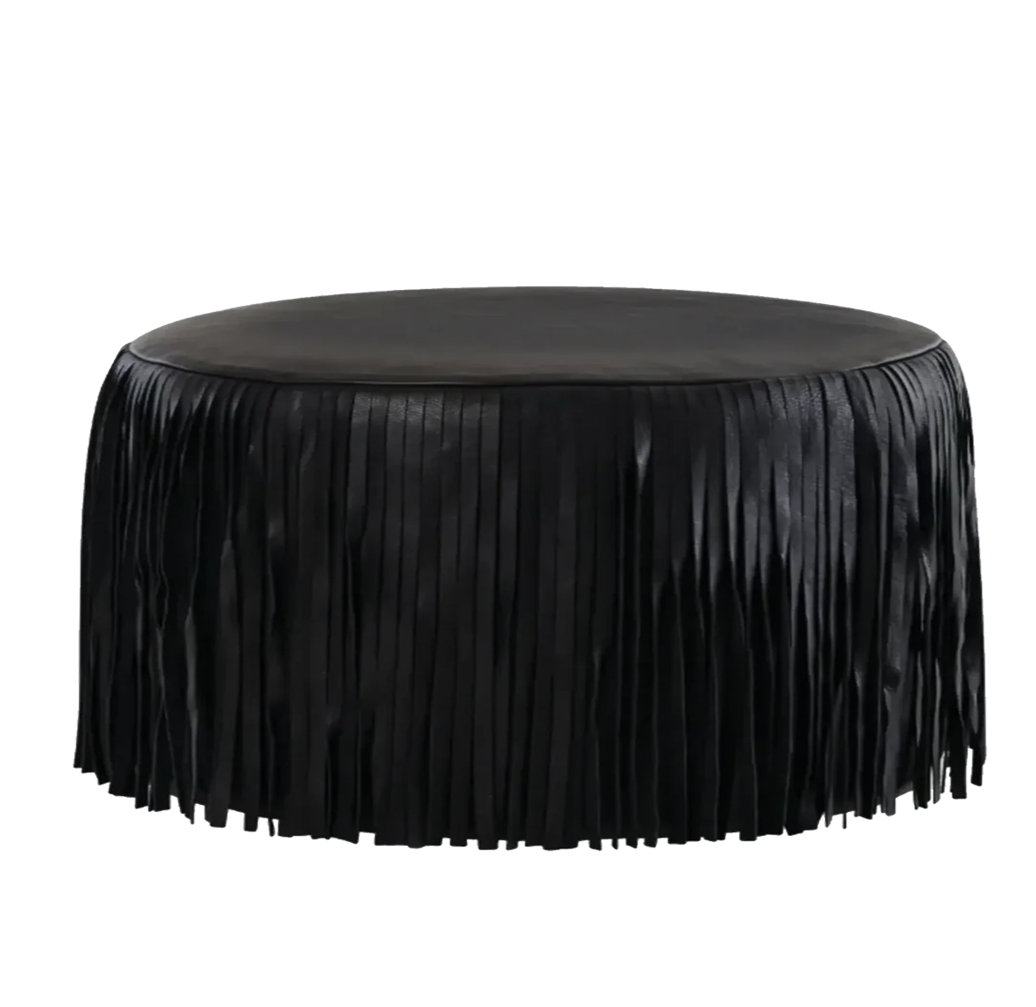 Kora Fringe Leather Ottoman - Black