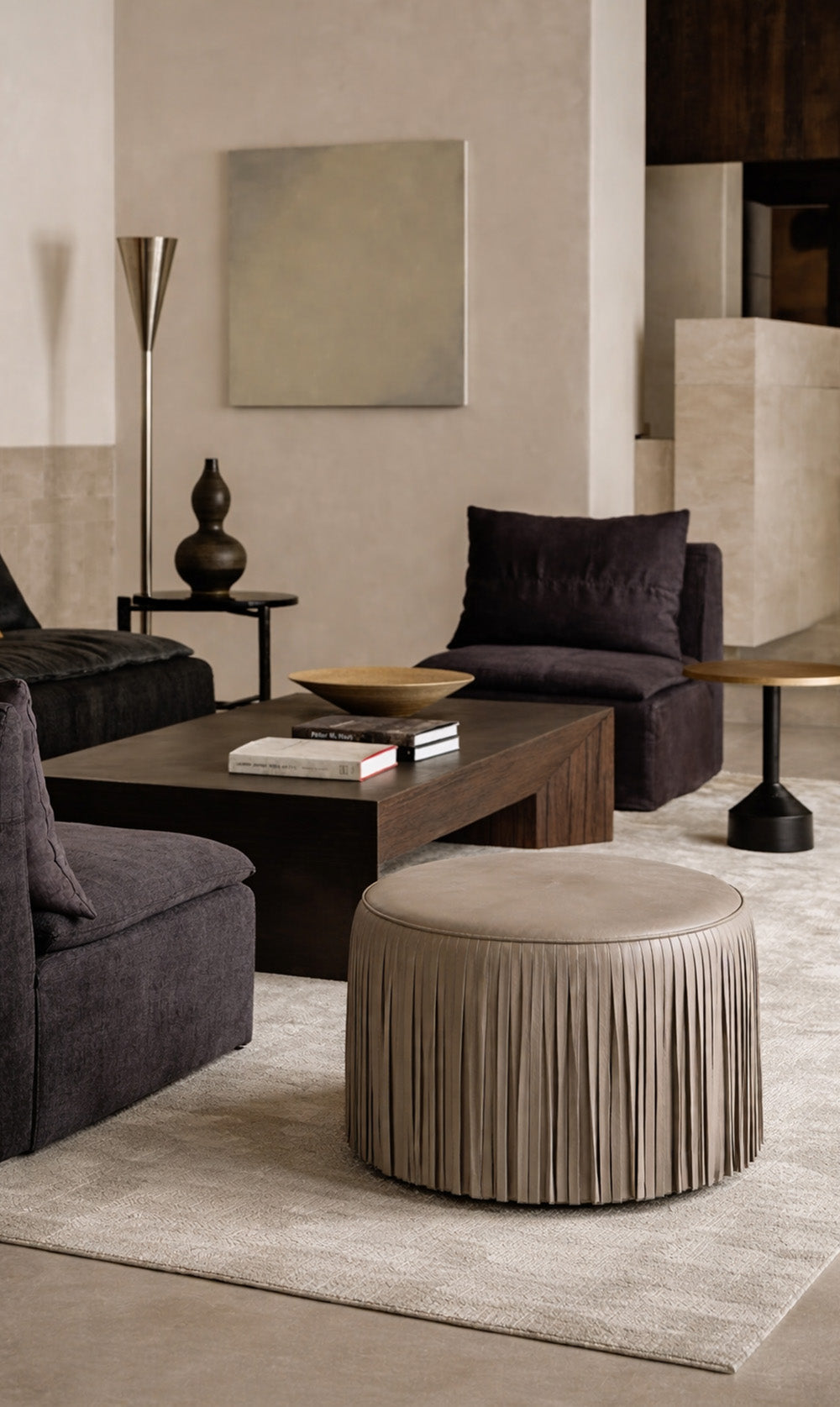 Kora Fringe Leather Ottoman - Stone