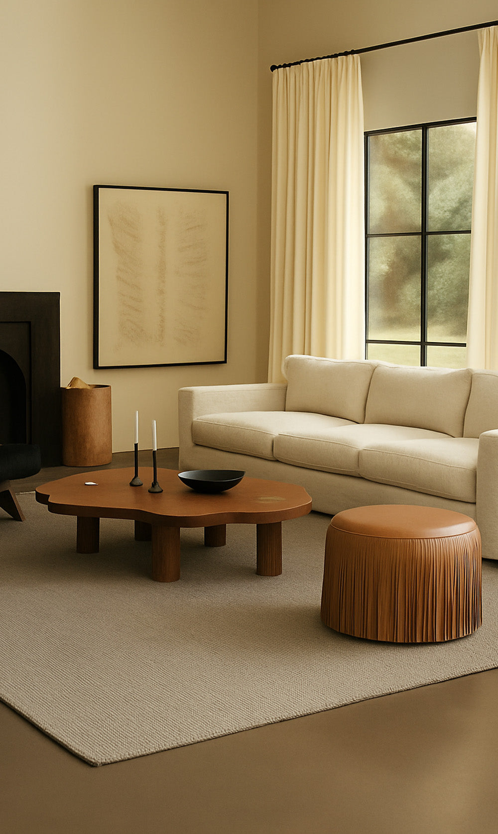 Kora Fringe Leather Ottoman - Brown